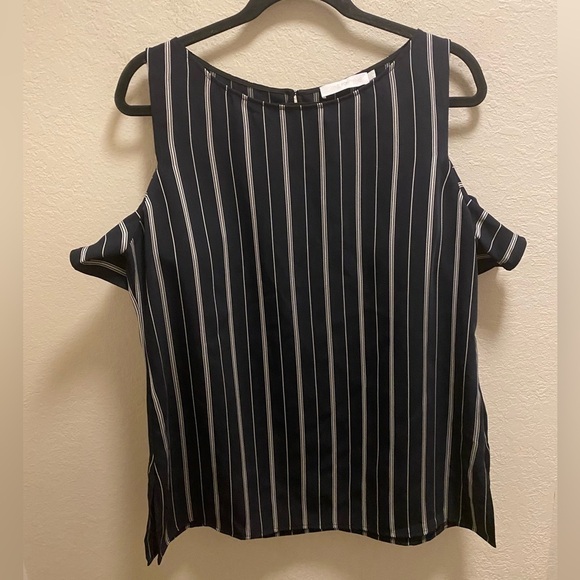 Anne Fontaine Moran Navy & Grey Striped Cold Shoulder Twist Sleeve Blouse Sz 42 - Picture 2 of 9